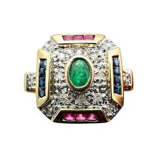 Womens Ring 14K Gold Emerald Diamond Red Blue Spinel 3.9 Grams Size 7 Estate